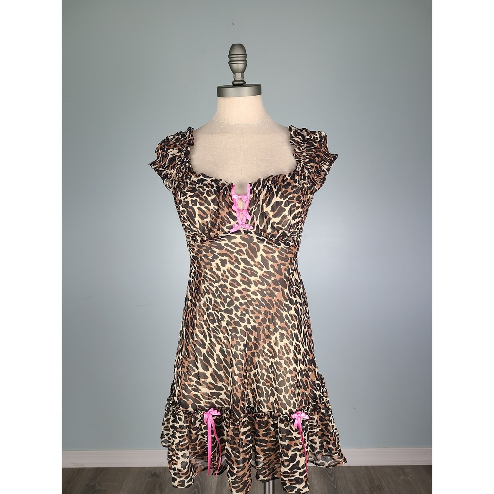Y2K Betsey Johnson Sz S Mini Babydoll Dress Leopard Print Hot Pink Bows It Girl